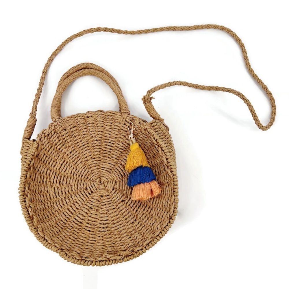 Round Woven Straw Bag with Tassel